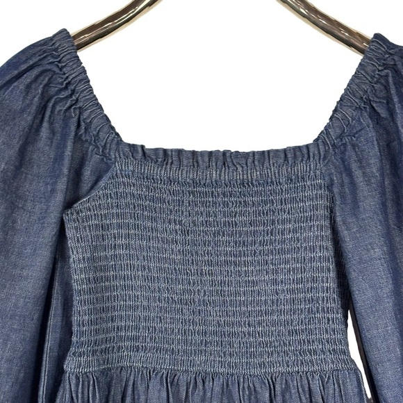 J. CREW BG118 COTTON CHAMBRAY DENIM BLUE SMOCKED PUFF SLEEVE MINI DRESS - Picture 11 of 15